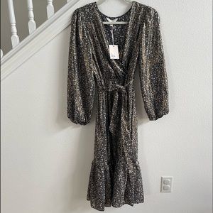 LC Lauren Conrad Small Gold Shimmer Floral Long Sleeve Tie Waist Dress